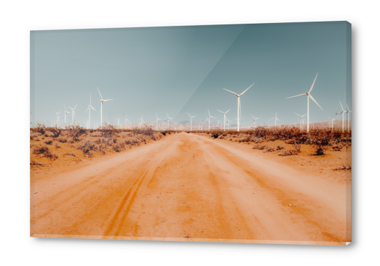 Wind turbine in the desert with sandy road at Kern County California USA Acrylic prints by Timmy333