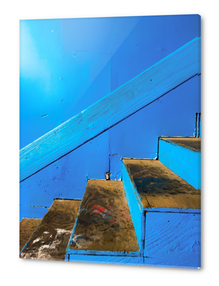 blue and brown old wood stairs with blue wall background Acrylic prints by Timmy333