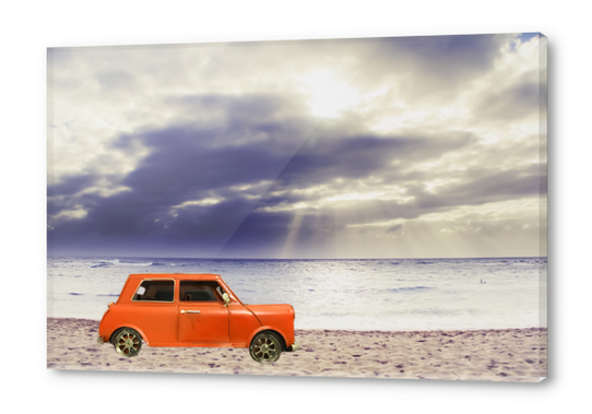 orange classic car on the sandy beach with beautiful sky and beach background Acrylic prints by Timmy333