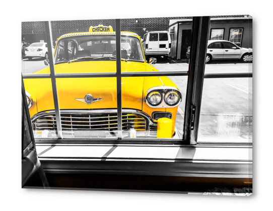 vintage yellow taxi car with black and white background Acrylic prints by Timmy333