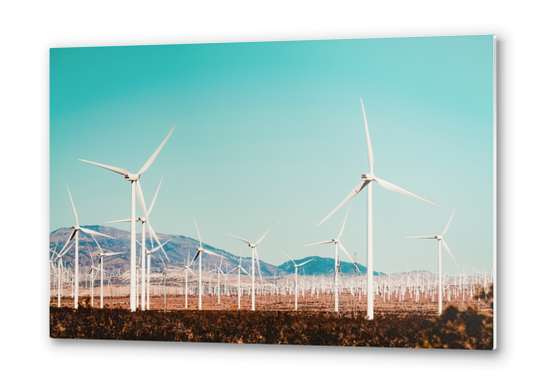 Wind turbine with mountain background in the desert at Kern County California USA Metal prints by Timmy333