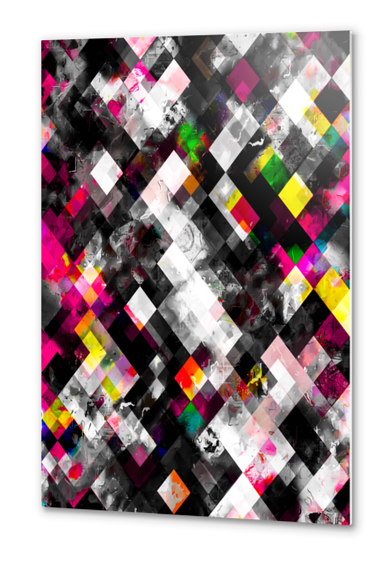 geometric pixel square pattern abstract art in pink yellow green blue Metal prints by Timmy333