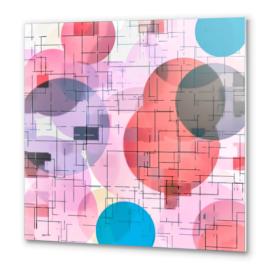 geometric square and circle pattern abstract in red pink blue Metal prints by Timmy333