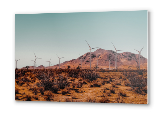 Wind turbine in the desert with mountain view at Kern County California USA Metal prints by Timmy333