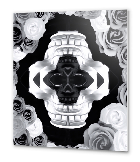 funny skull portrait with roses in black and white Metal prints by Timmy333