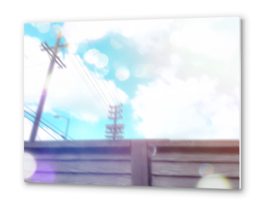 cloudy blue sky and electric pole and wood wall in the city Metal prints by Timmy333