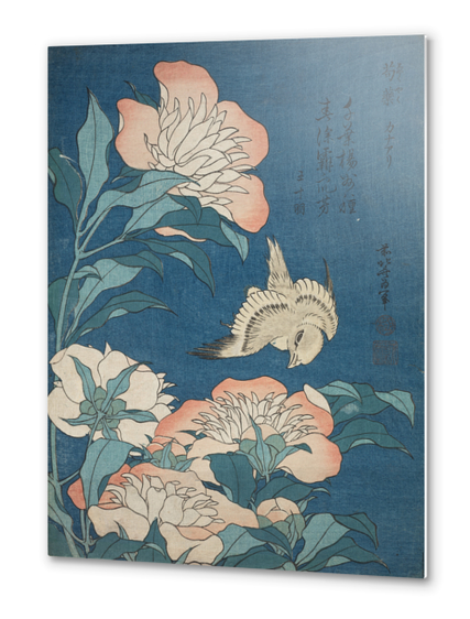 Peonies and Canary Metal prints by Katsushika Hokusai