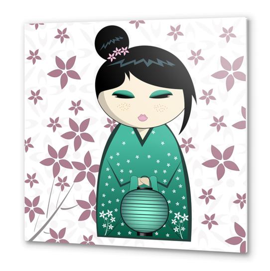 Pink flower kokeshi Metal prints by PIEL Design