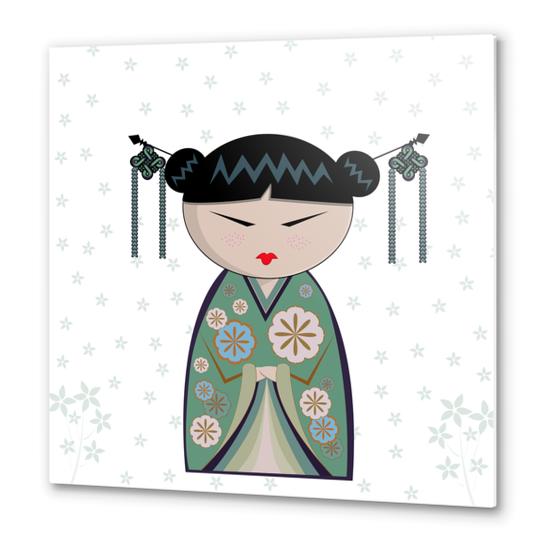 Green kokeshi Metal prints by PIEL Design