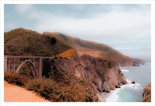 Bridge and mountain with ocean view at Bixby Creek Bridge, Big Sur, Highway 1, California, USA Art Print by Timmy333