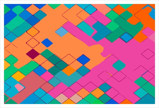 geometric square pixel pattern abstract in pink orange green Art Print by Timmy333