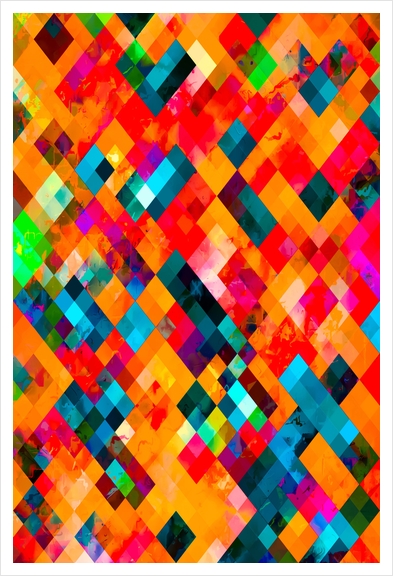 geometric pixel square pattern abstract art in orange pink red blue Art Print by Timmy333