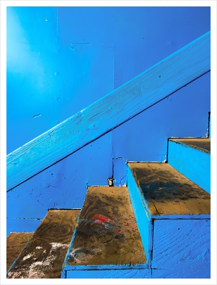 blue and brown old wood stairs with blue wall background Art Print by Timmy333