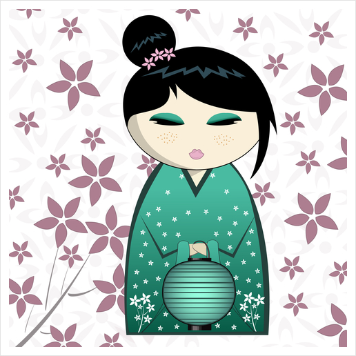 Pink flower kokeshi Art Print by PIEL Design