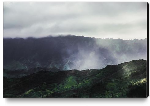 green tropical mountains with foggy sky at Kauai, Hawaii, USA Canvas Print by Timmy333