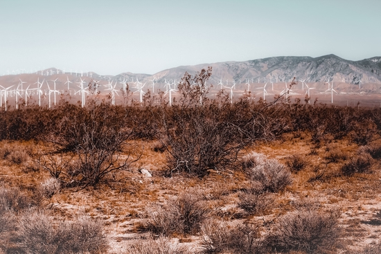 Desert and wind turbine with mountain view at Kern County California USA by Timmy333