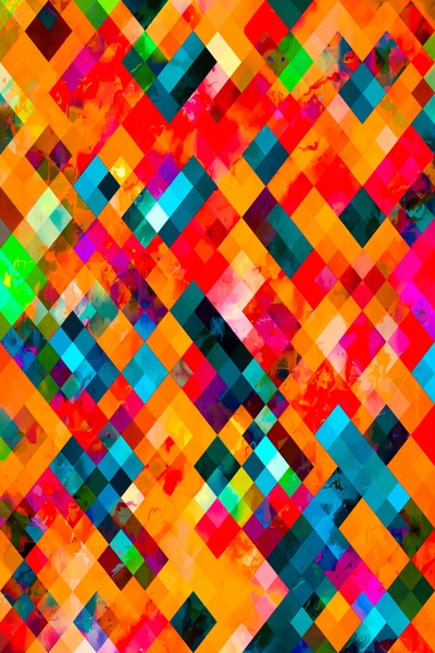 geometric pixel square pattern abstract art in orange pink red blue by Timmy333