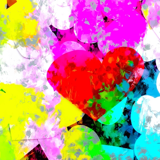 red heart shape pattern with colorful painting abstract in pink blue green yellow by Timmy333