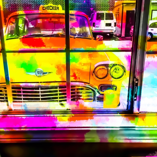 yellow classic taxi car with colorful painting abstract in pink orange green by Timmy333