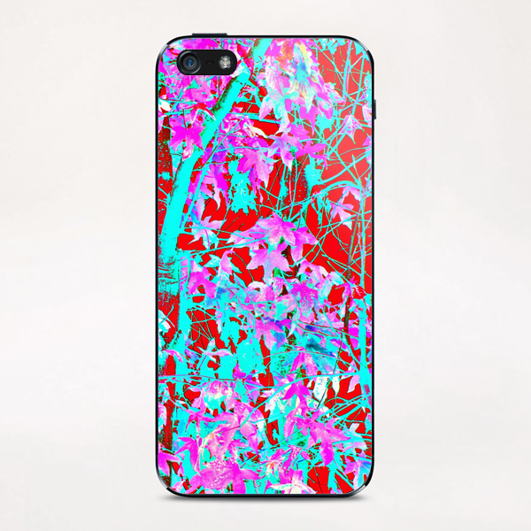 pink maple tree leaf with blue and red abstract background iPhone & iPod Skin by Timmy333