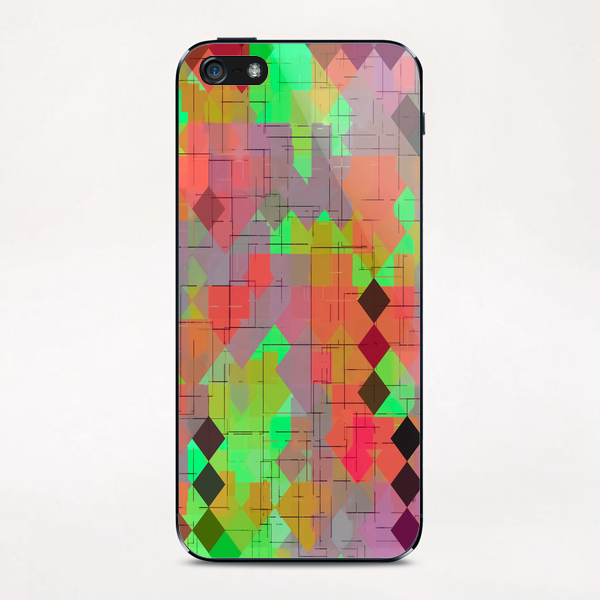 geometric square pixel pattern abstract in green orange red iPhone & iPod Skin by Timmy333