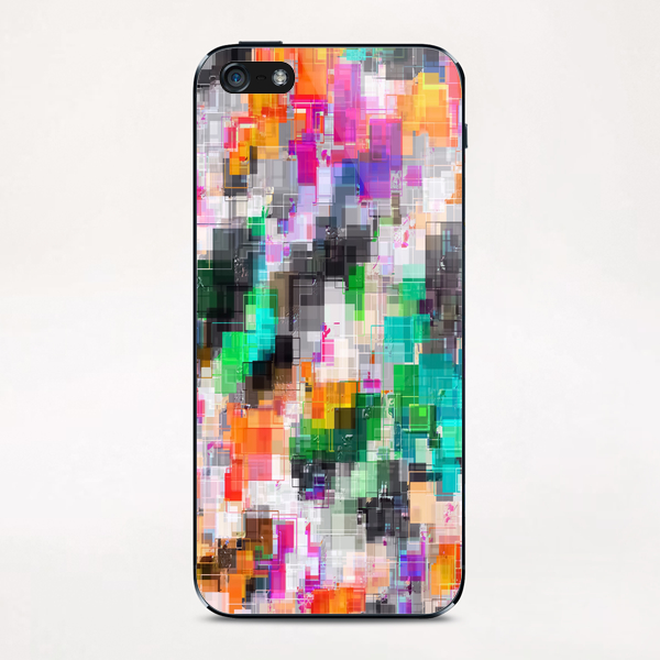 psychedelic geometric square pixel pattern abstract in orange green pink blue iPhone & iPod Skin by Timmy333