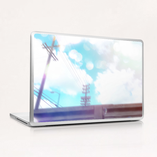 cloudy blue sky and electric pole and wood wall in the city Laptop & iPad Skin by Timmy333