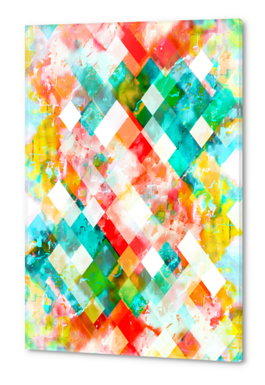 geometric pixel square pattern abstract in green orange blue Acrylic prints by Timmy333