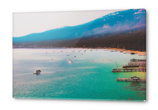 Boat on the water and mountain background at Lake Tahoe Nevada USA Acrylic prints by Timmy333