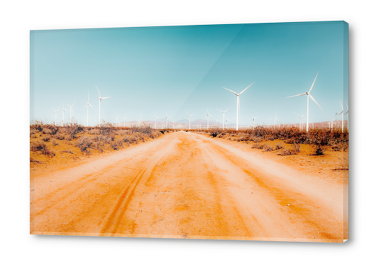 Wind turbine and sandy road desert with blue sky in California USA Acrylic prints by Timmy333