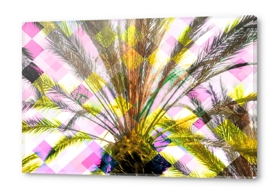 palm tree with geometric pixel square pattern abstract in pink yellow Acrylic prints by Timmy333