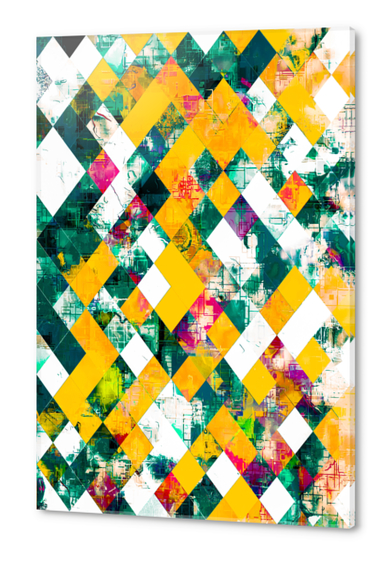 geometric pixel square pattern abstract art in green and yellow Acrylic prints by Timmy333