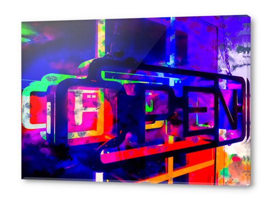 OPEN neon sign with pink purple red and blue painting abstract background Acrylic prints by Timmy333