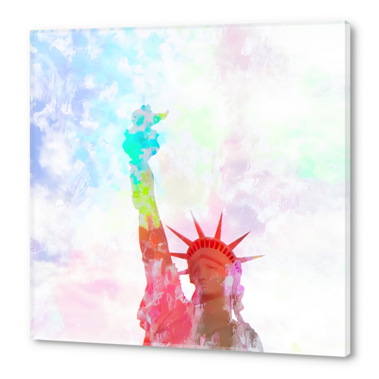 Statue of Liberty with colorful painting abstract background in red pink blue yellow Acrylic prints by Timmy333