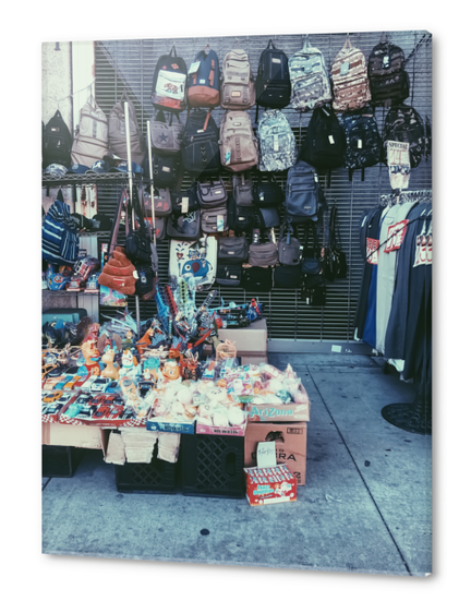 backpack and toy shop on the footpath Acrylic prints by Timmy333