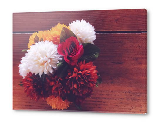 red rose and yellow white and brown flower with wood background Acrylic prints by Timmy333