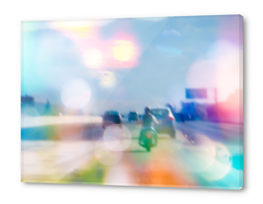 car and motorcycle on the road in the city with bokeh light Acrylic prints by Timmy333