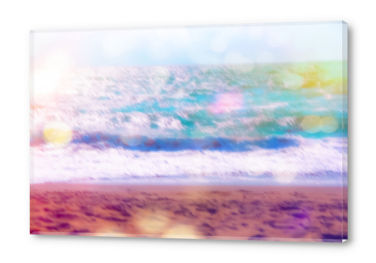 sandy beach with blue wave and summer light bokeh background Acrylic prints by Timmy333