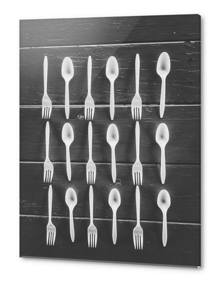 forks and spoons on the wooden table in black and white Acrylic prints by Timmy333