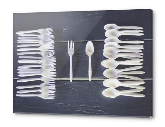 plastic forks and plastic spoons with wooden table Acrylic prints by Timmy333