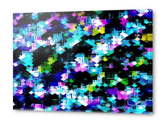 psychedelic geometric square pixel pattern abstract background in blue pink yellow Acrylic prints by Timmy333