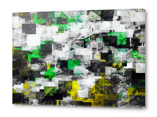 vintage psychedelic geometric square pixel pattern abstract in green yellow black Acrylic prints by Timmy333