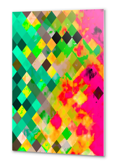 geometric pixel square pattern abstract art in green pink yellow Metal prints by Timmy333