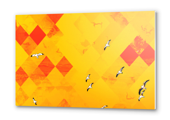 flying birds with red and yellow geometric pixel pattern background Metal prints by Timmy333