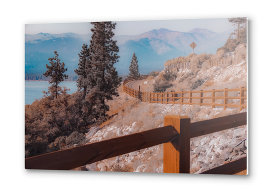 Walkway with pine tree and mountain background at Lake Tahoe Nevada USA Metal prints by Timmy333