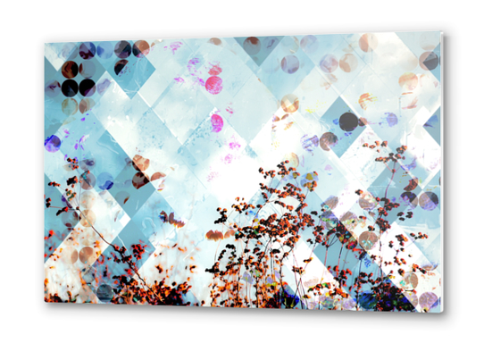 blooming wildflower with blue geometric pixel square pattern Metal prints by Timmy333