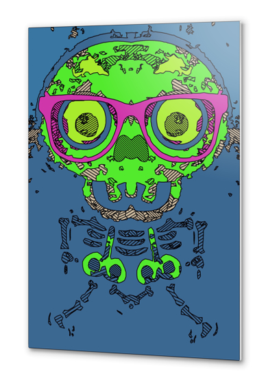 green funny skull art portrait with pink glasses and blue background Metal prints by Timmy333