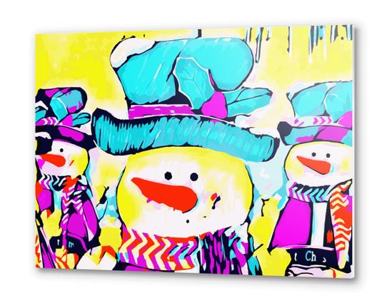 snowman with blue hat and yellow background Metal prints by Timmy333