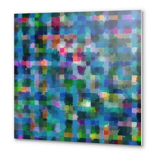 geometric square pixel pattern abstract in blue green pink yellow Metal prints by Timmy333