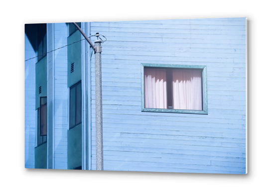 vintage blue wood building with window and electric pole Metal prints by Timmy333